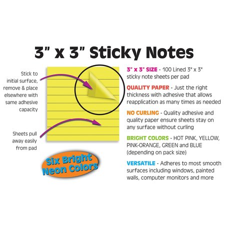 Better Office Products Lined Sticky Notes, 3in.x3in. 1,000 Shts 100/Pad, Self Stick Notes with Lines, Bright Colors, 10PK 66333